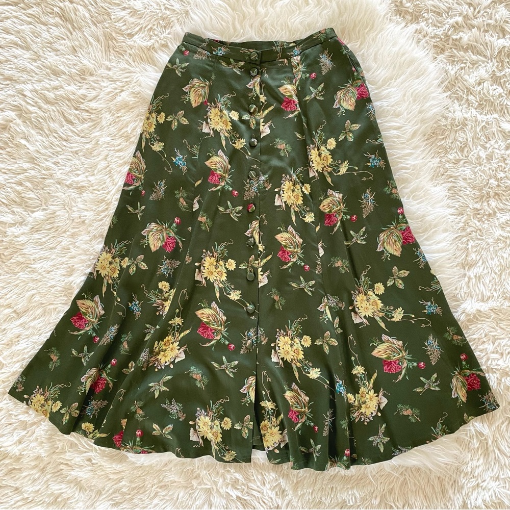 Susan Bristol Olive Green Floral A-Line Skirt
